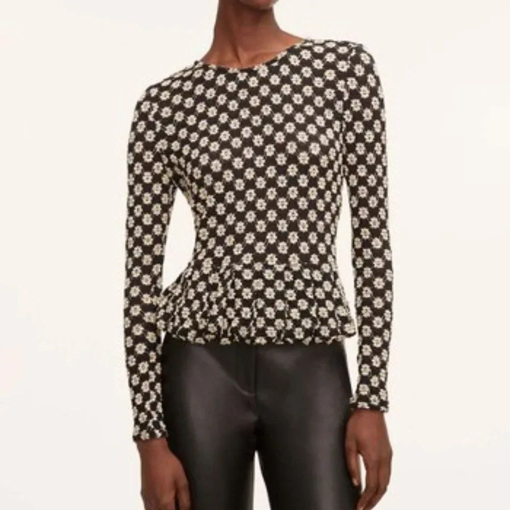 Rebecca Taylor Black White Floral Peplum Top Long Sleeve Womens Blouse